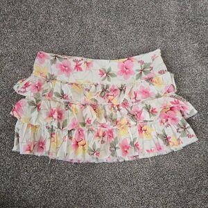 American Eagle Vintage Y2K 2000s Floral Vacation Ruffle Tiered Low Mini Skirt